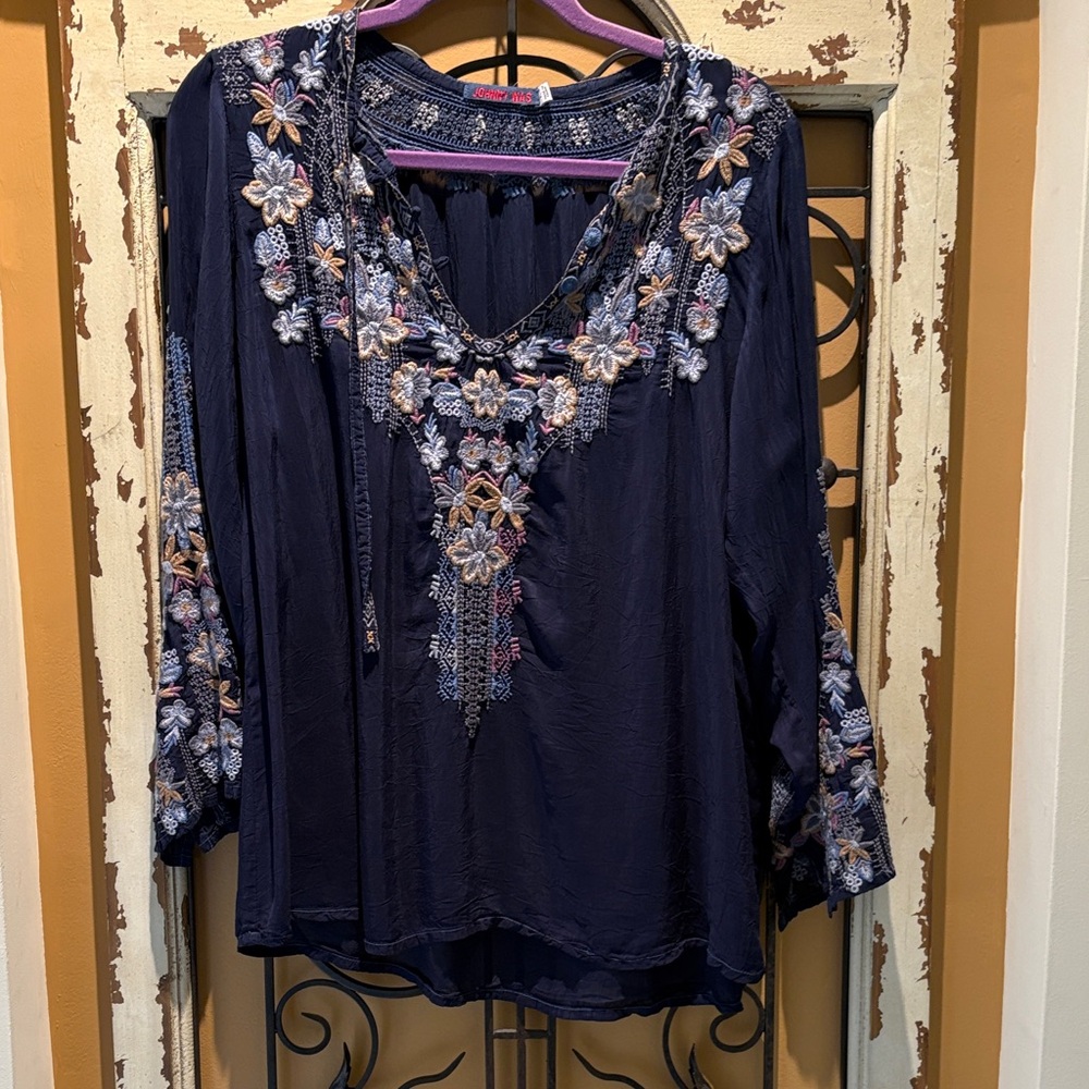 Johnny Was Dark Blue Floral Embroidered Blouse - Picture 2 of 10
